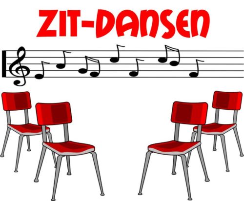 Afbeelding van stoelen en muziek noten met de titel zit-dans