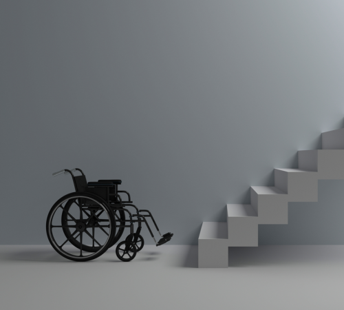 Een rolstoel onder aan een trap