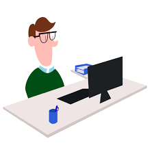 Flatdesign van een meneer die naar een beeldscherm kijkt achter zijn bureau