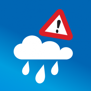 Het logo van buienalarm. Een wolk met regen een een pas op bord